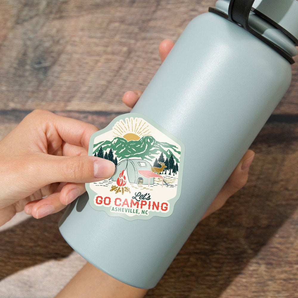 Asheville, North Carolina, Happy Camper, Tent, Distressed Vector Shape, Contour, Vinyl Sticker Sticker Lantern Press 