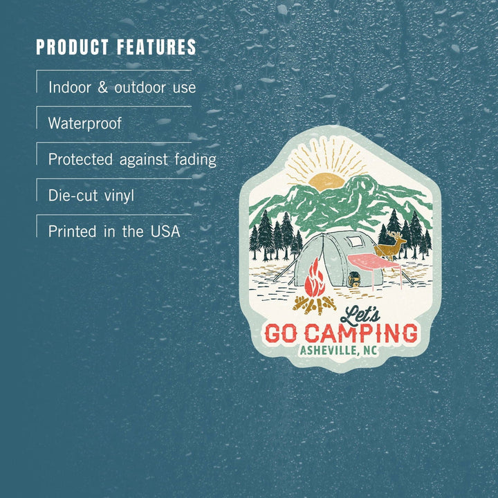 Asheville, North Carolina, Happy Camper, Tent, Distressed Vector Shape, Contour, Vinyl Sticker Sticker Lantern Press 
