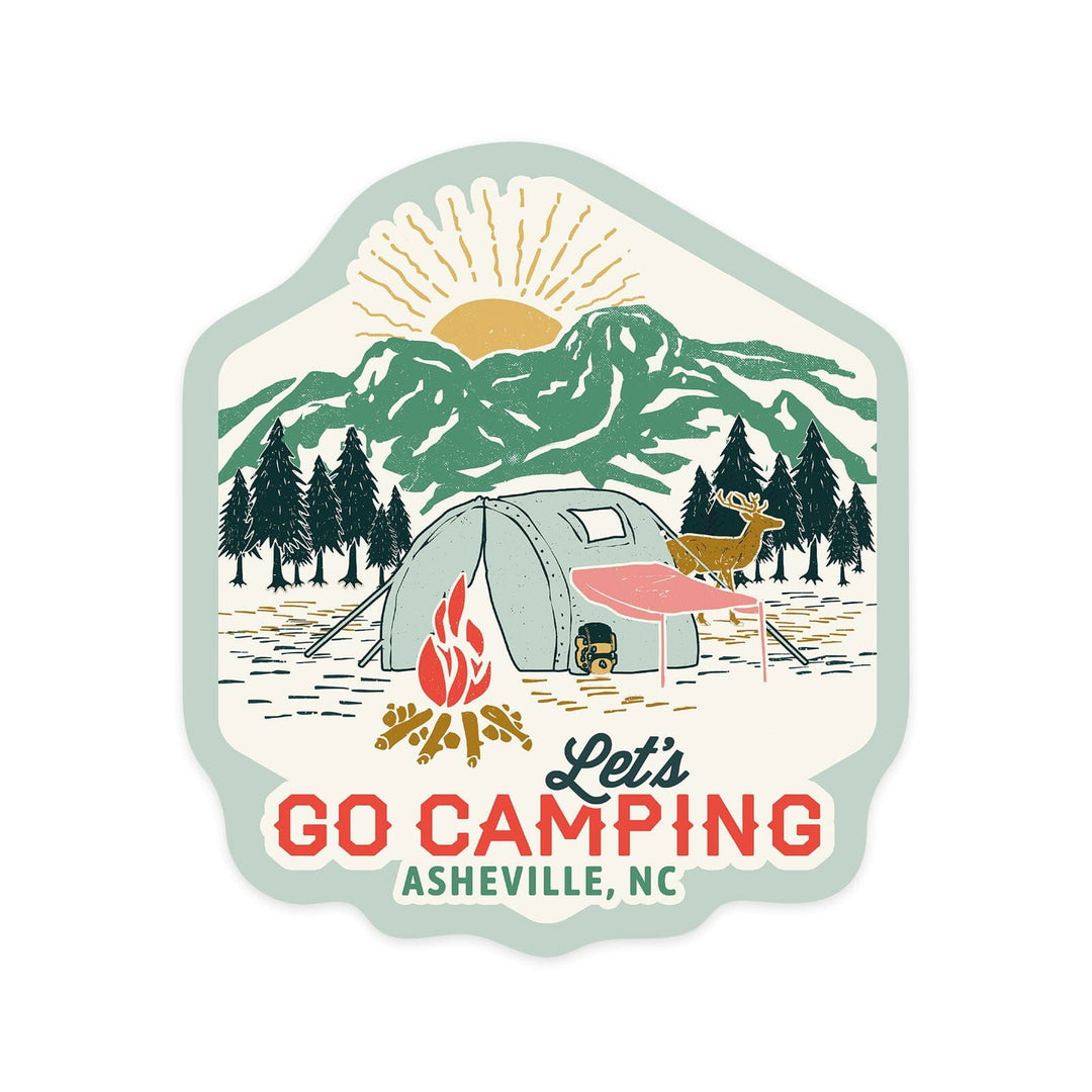 Asheville, North Carolina, Happy Camper, Tent, Distressed Vector Shape, Contour, Vinyl Sticker Sticker Lantern Press 