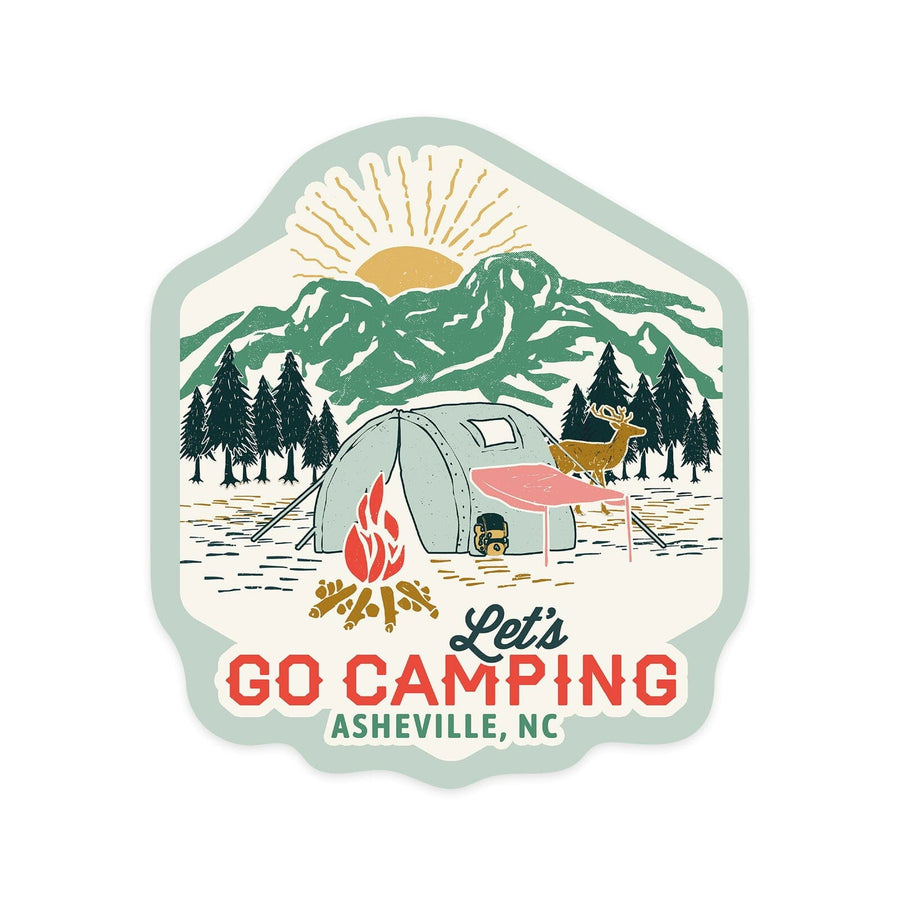 Asheville, North Carolina, Happy Camper, Tent, Distressed Vector Shape, Contour, Vinyl Sticker Sticker Lantern Press 
