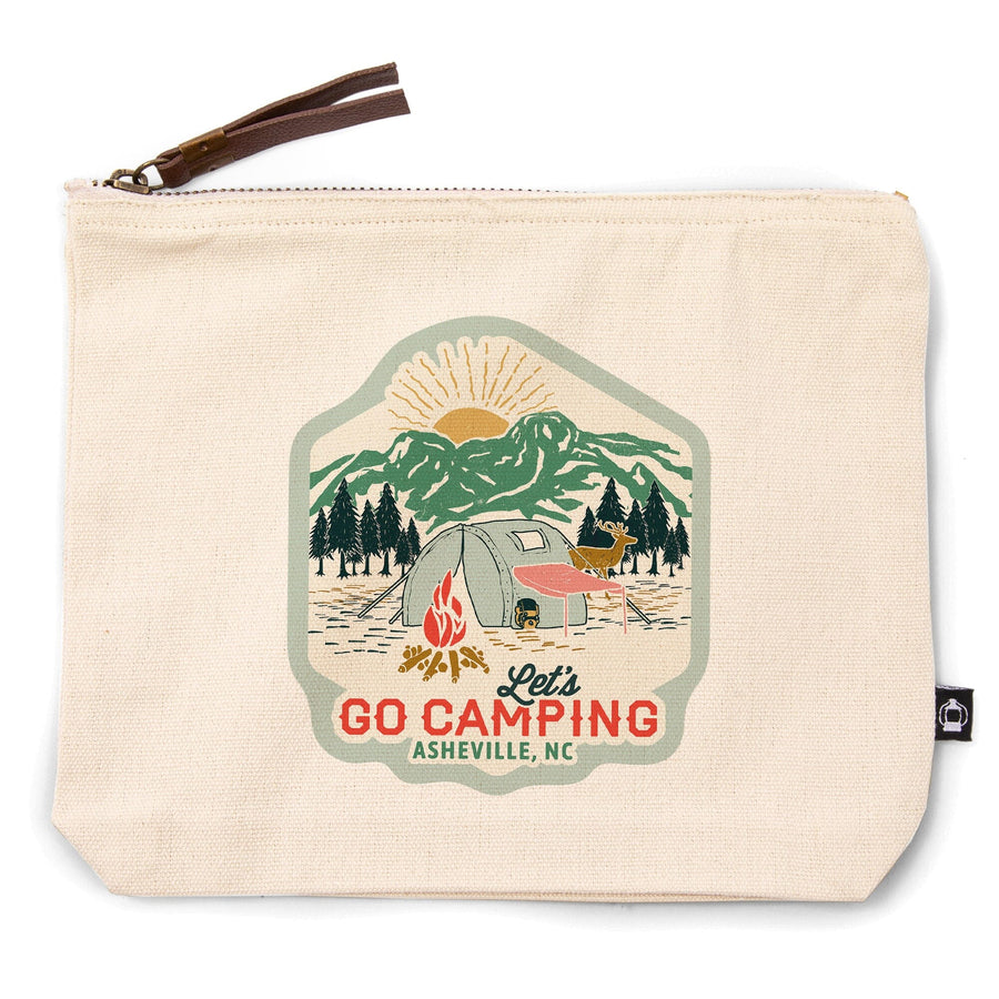 Asheville, North Carolina, Happy Camper, Tent, Distressed Vector Shape,, Organic Cotton Zipper Pouch, Go Bag Go Bag Lantern Press 