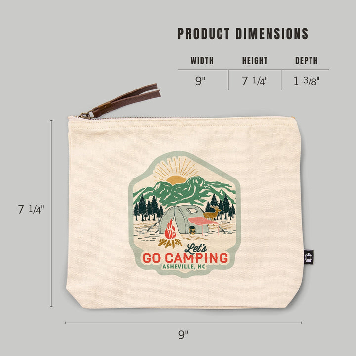 Asheville, North Carolina, Happy Camper, Tent, Distressed Vector Shape,, Organic Cotton Zipper Pouch, Go Bag Go Bag Lantern Press 