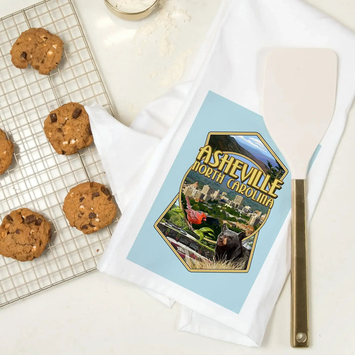 Asheville, North Carolina, Montage Scenes, Contour, Organic Cotton Kitchen Tea Towels Kitchen Lantern Press 