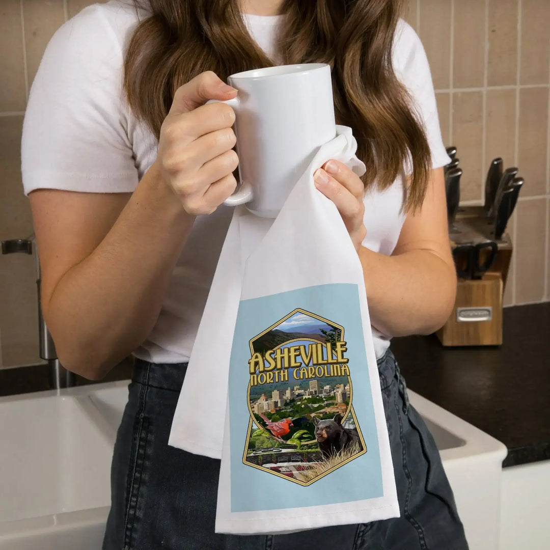 Asheville, North Carolina, Montage Scenes, Contour, Organic Cotton Kitchen Tea Towels Kitchen Lantern Press 