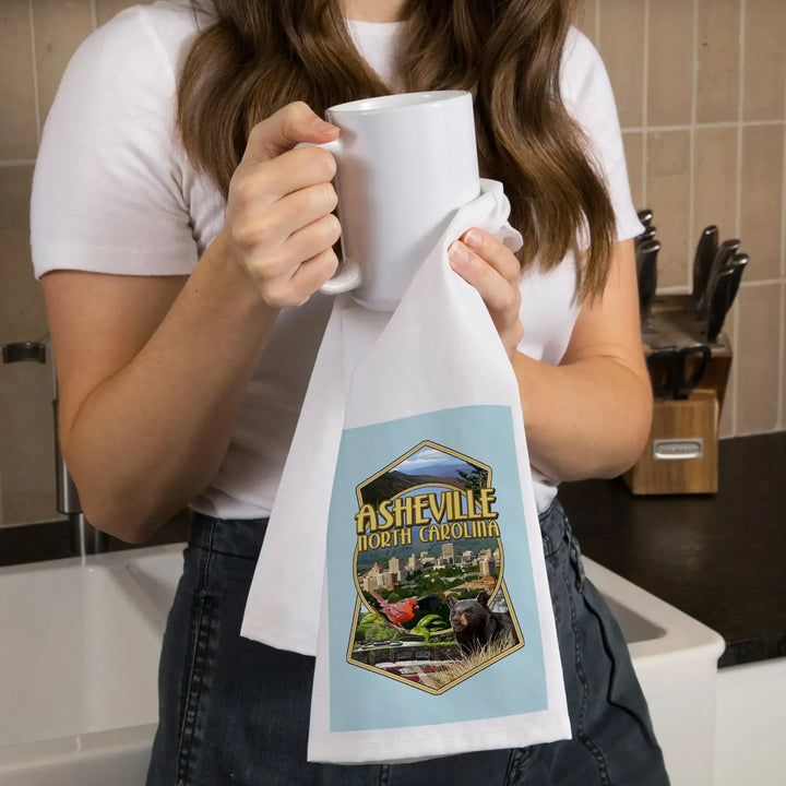 Asheville, North Carolina, Montage Scenes, Contour, Organic Cotton Kitchen Tea Towels Kitchen Lantern Press 