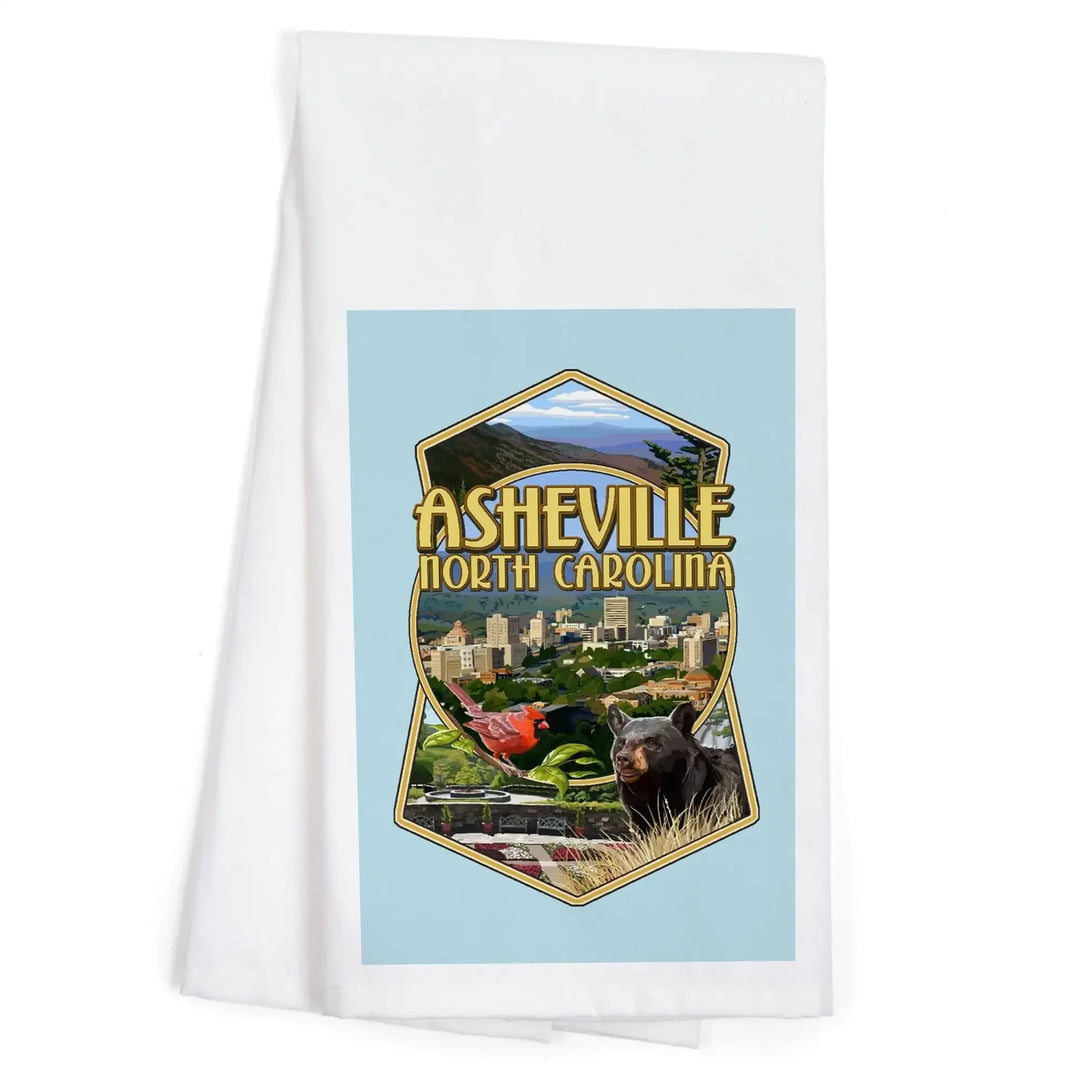 Asheville, North Carolina, Montage Scenes, Contour, Organic Cotton Kitchen Tea Towels Kitchen Lantern Press 