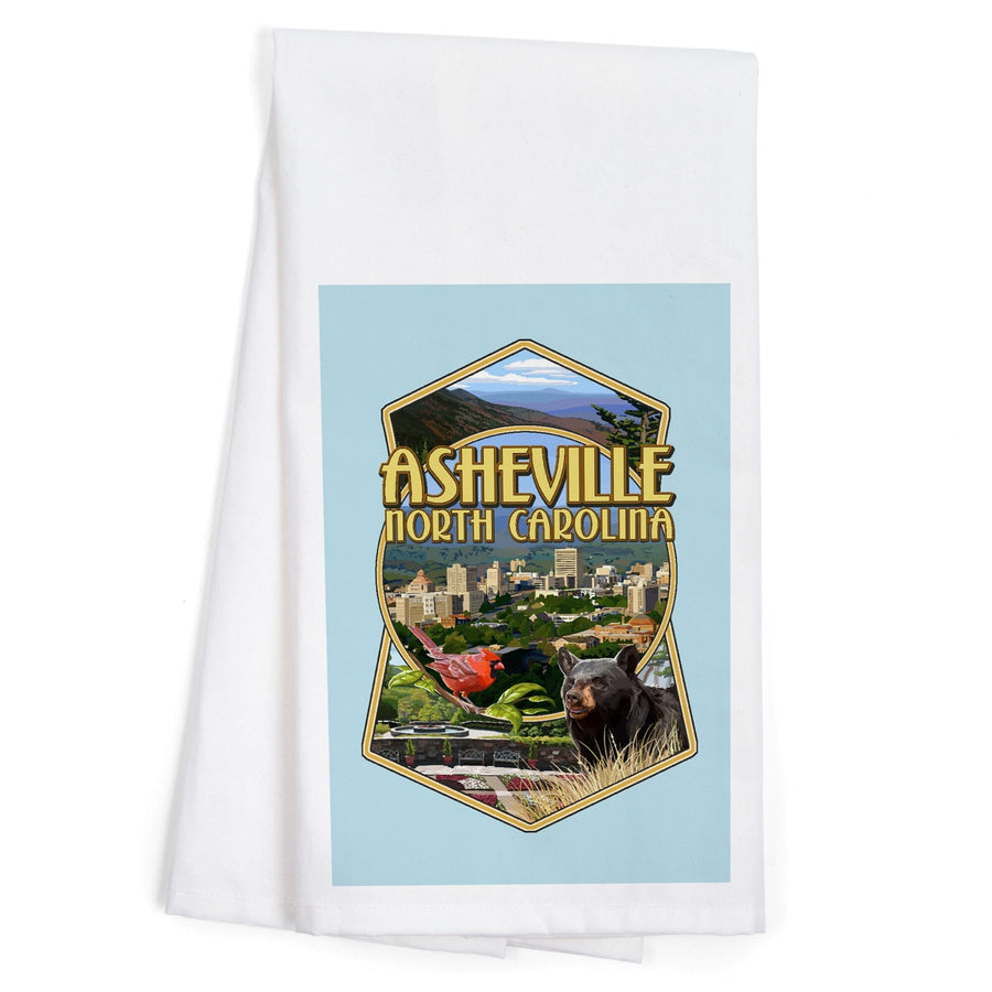 Asheville, North Carolina, Montage Scenes, Contour, Organic Cotton Kitchen Tea Towels Kitchen Lantern Press 