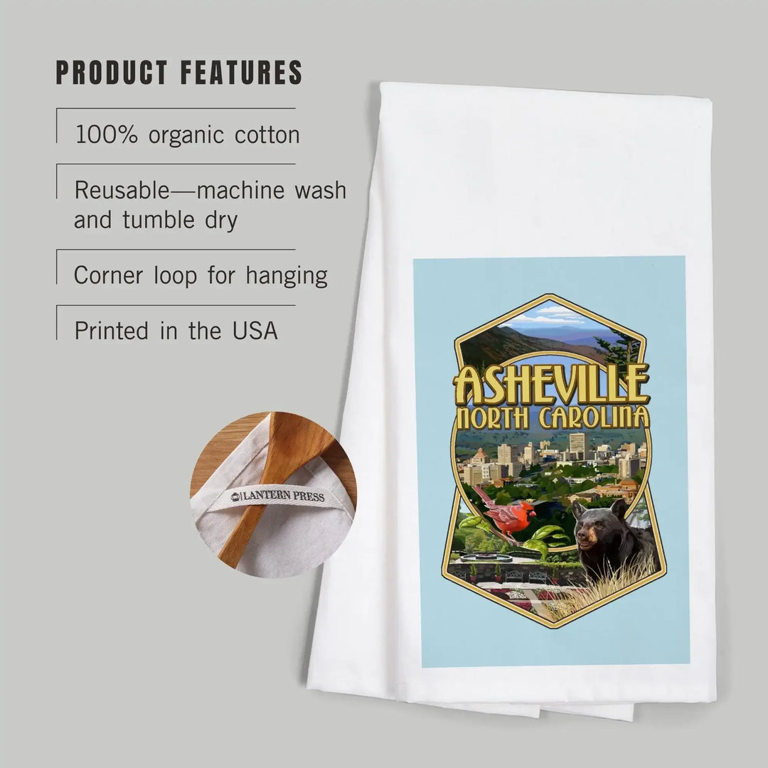 Asheville, North Carolina, Montage Scenes, Contour, Organic Cotton Kitchen Tea Towels Kitchen Lantern Press 