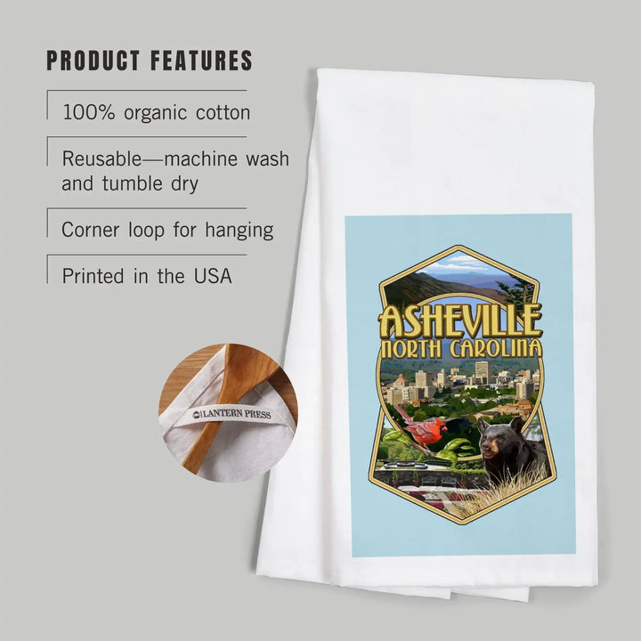 Asheville, North Carolina, Montage Scenes, Contour, Organic Cotton Kitchen Tea Towels Kitchen Lantern Press 