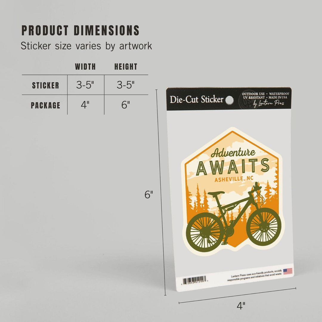 Asheville, North Carolina, Mountain Bike, Adventure Awaits, Contour, Vinyl Sticker Sticker Lantern Press 
