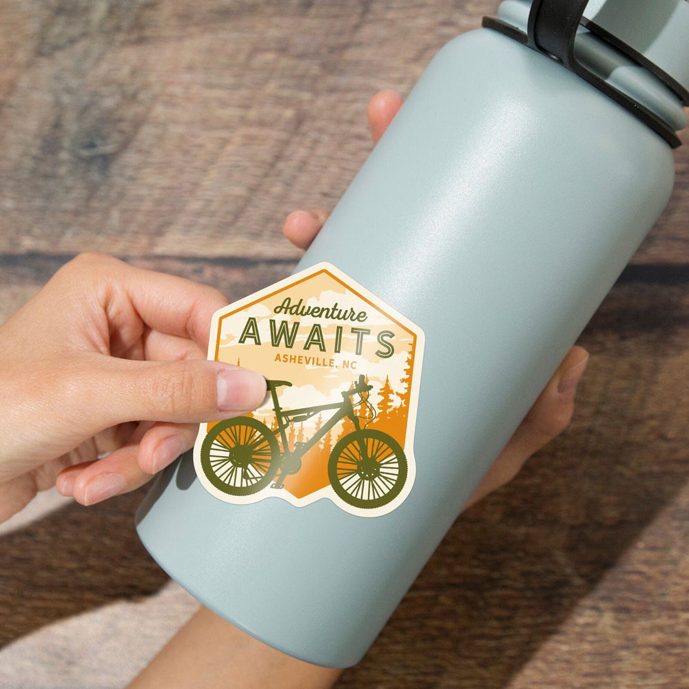 Asheville, North Carolina, Mountain Bike, Adventure Awaits, Contour, Vinyl Sticker Sticker Lantern Press 