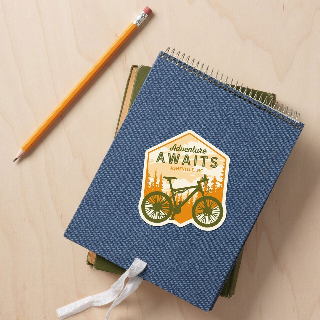 Asheville, North Carolina, Mountain Bike, Adventure Awaits, Contour, Vinyl Sticker Sticker Lantern Press 