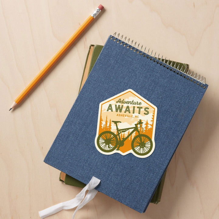 Asheville, North Carolina, Mountain Bike, Adventure Awaits, Contour, Vinyl Sticker Sticker Lantern Press 