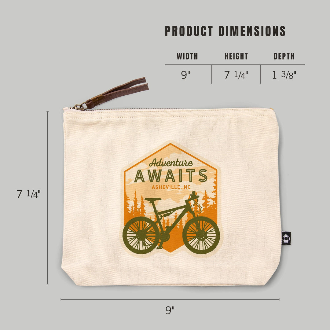 Asheville, North Carolina, Mountain Bike, Adventure Awaits,, Organic Cotton Zipper Pouch, Go Bag Go Bag Lantern Press 