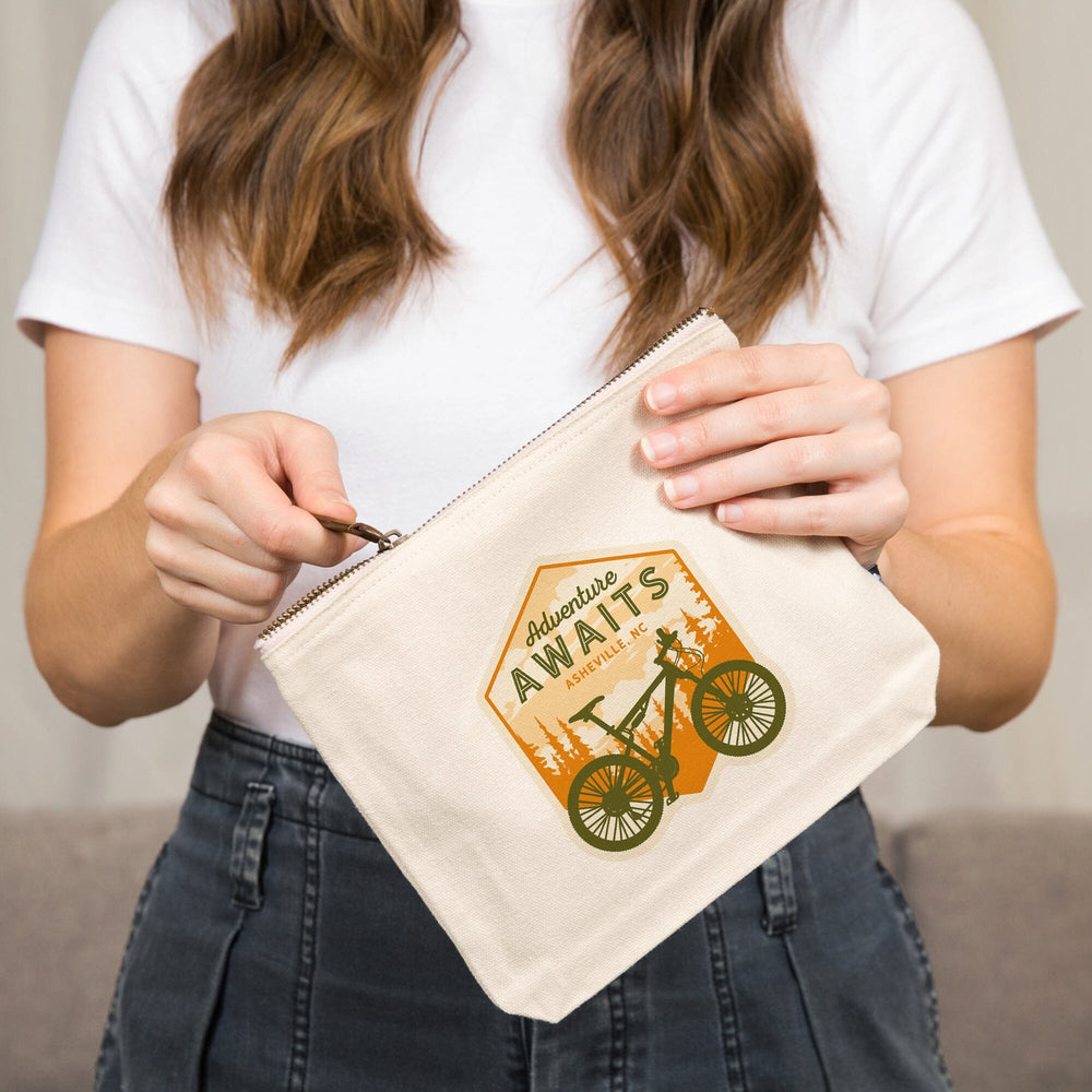 Asheville, North Carolina, Mountain Bike, Adventure Awaits,, Organic Cotton Zipper Pouch, Go Bag Go Bag Lantern Press 