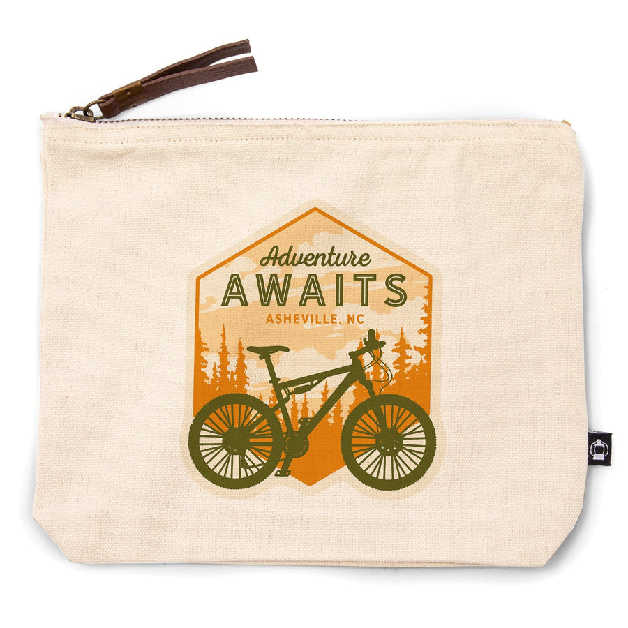 Asheville, North Carolina, Mountain Bike, Adventure Awaits,, Organic Cotton Zipper Pouch, Go Bag Go Bag Lantern Press 