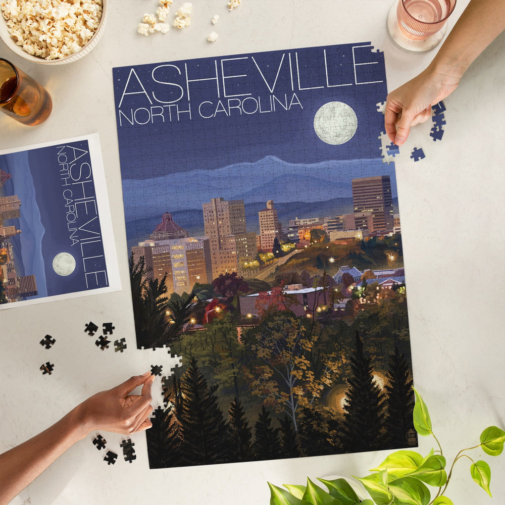 Asheville, North Carolina, Skyline at Night, Jigsaw Puzzle Puzzle Lantern Press 