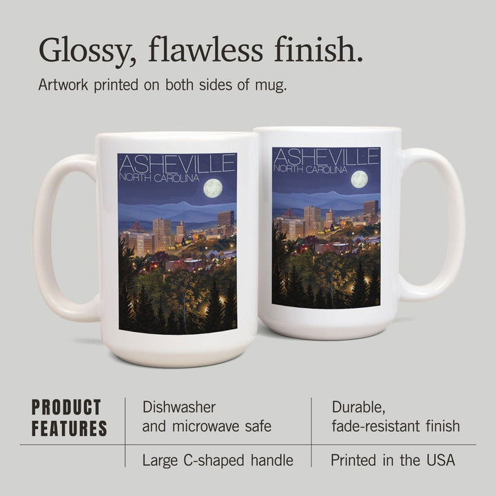 Asheville, North Carolina, Skyline at Night, Lantern Press Artwork, Ceramic Mug Mugs Lantern Press 
