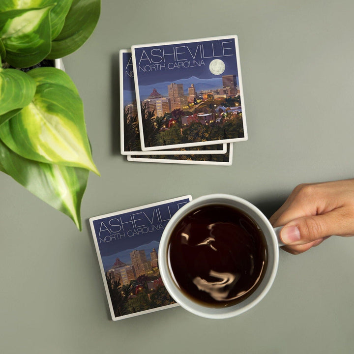 Asheville, North Carolina, Skyline at Night, Lantern Press Artwork, Coaster Set Coasters Lantern Press 