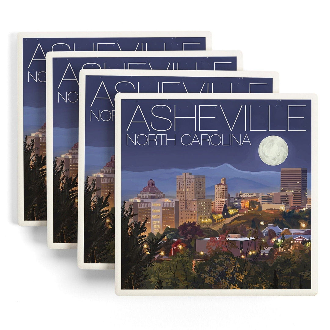 Asheville, North Carolina, Skyline at Night, Lantern Press Artwork, Coaster Set Coasters Lantern Press 