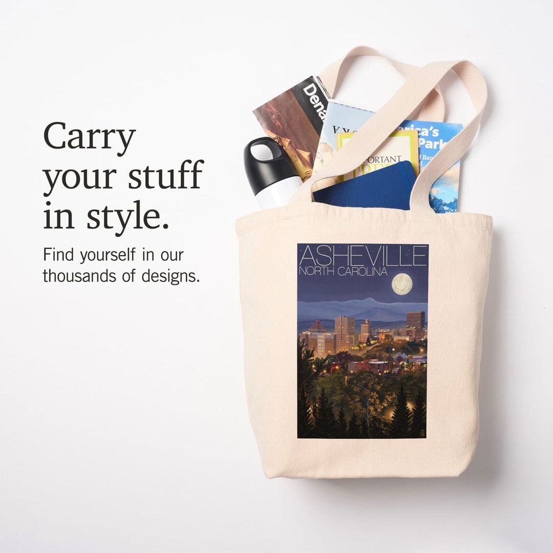 Asheville, North Carolina, Skyline at Night, Lantern Press Artwork, Tote Bag Totes Lantern Press 