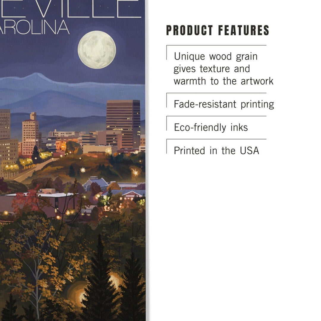 Asheville, North Carolina, Skyline at Night, Lantern Press Artwork, Wood Signs and Postcards Wood Lantern Press 