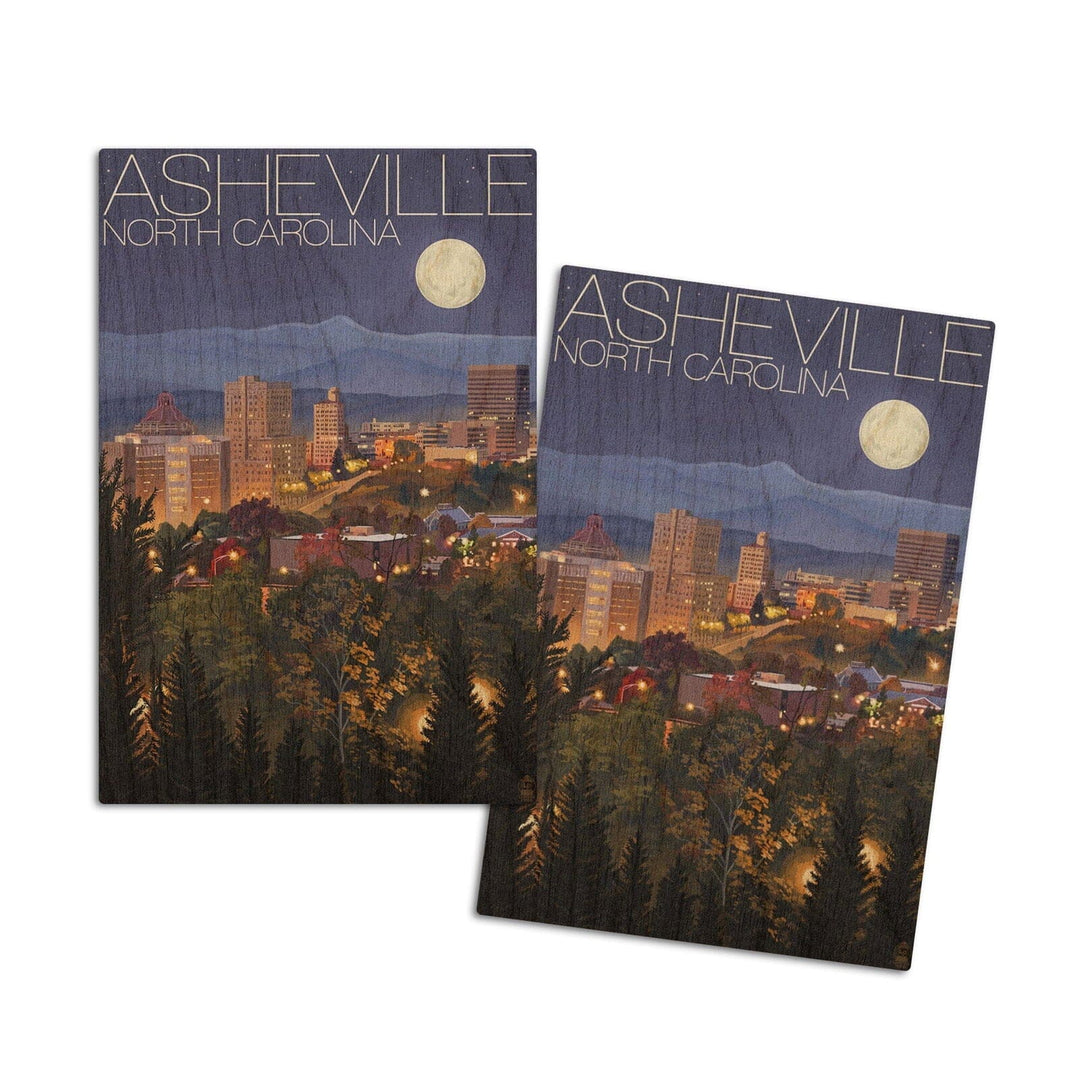 Asheville, North Carolina, Skyline at Night, Lantern Press Artwork, Wood Signs and Postcards Wood Lantern Press 4x6 Wood Postcard Set 