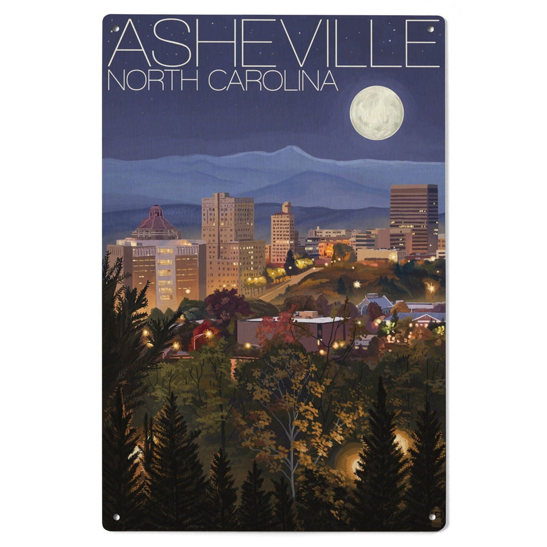 Asheville, North Carolina, Skyline at Night, Lantern Press Artwork, Wood Signs and Postcards Wood Lantern Press 