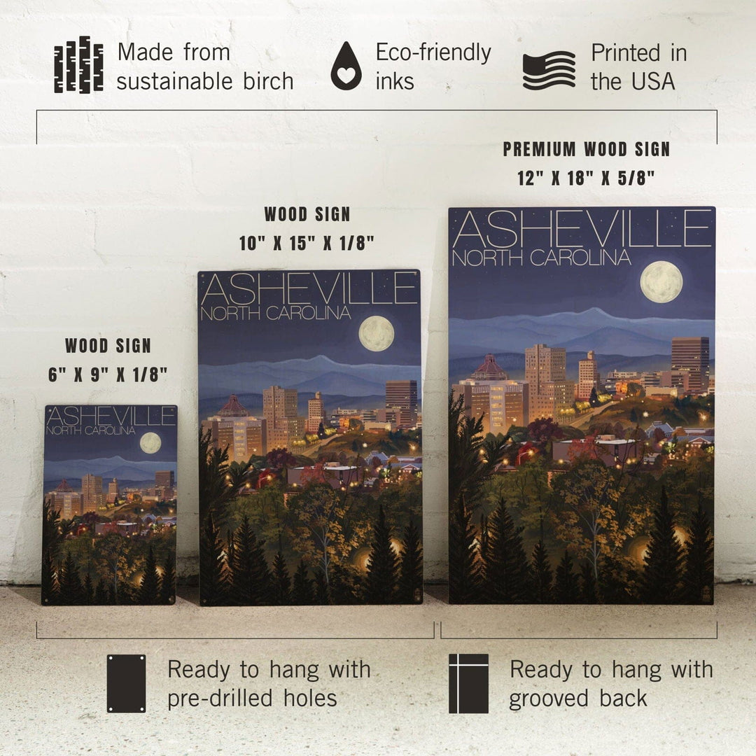 Asheville, North Carolina, Skyline at Night, Lantern Press Artwork, Wood Signs and Postcards Wood Lantern Press 