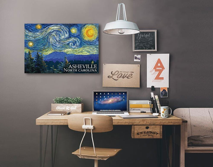 Asheville, North Carolina, Starry Night, Lantern Press Artwork, Stretched Canvas Canvas Lantern Press 