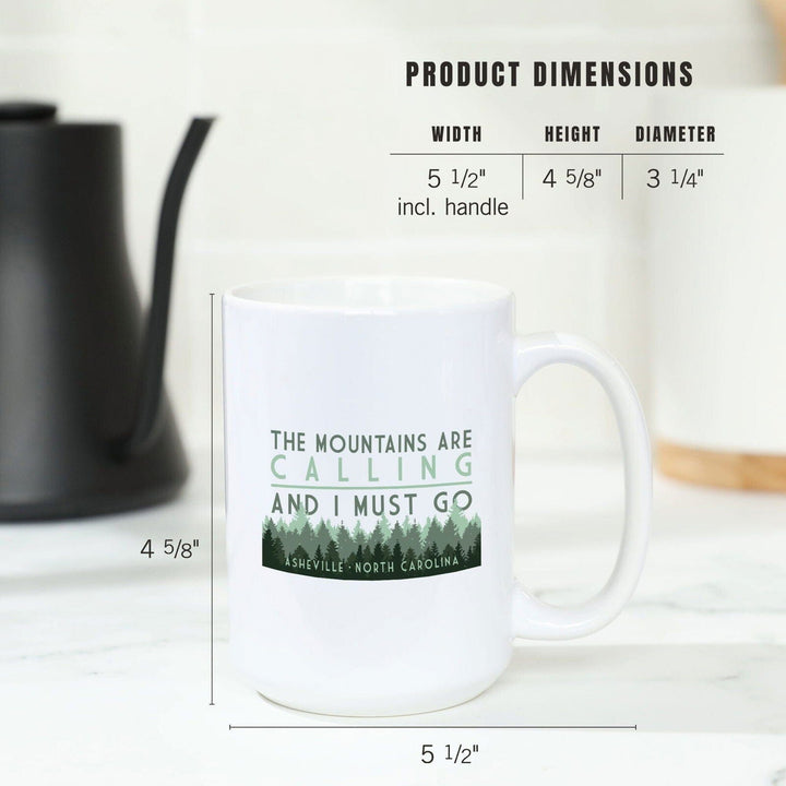 Asheville, North Carolina, The Mountains Are Calling, Pine Trees, Lantern Press Artwork, Ceramic Mug Mugs Lantern Press 