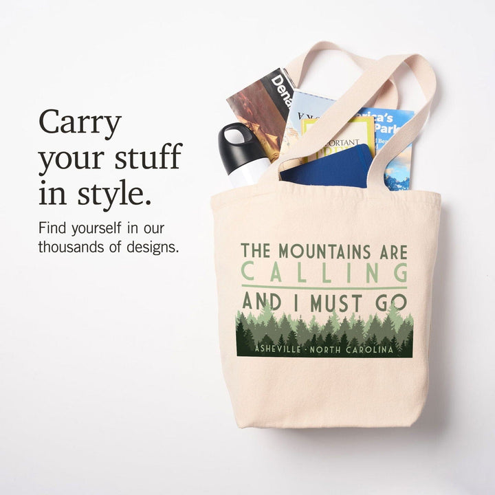 Asheville, North Carolina, The Mountains Are Calling, Pine Trees, Lantern Press Artwork, Tote Bag Totes Lantern Press 