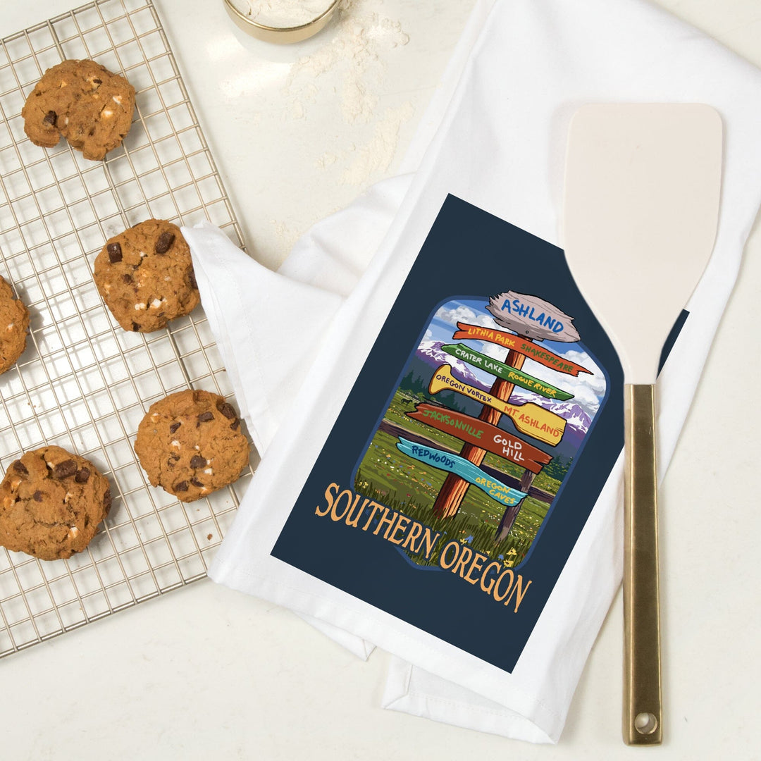 Ashland, Oregon, Destinations Sign, Contour, Organic Cotton Kitchen Tea Towels Kitchen Lantern Press 