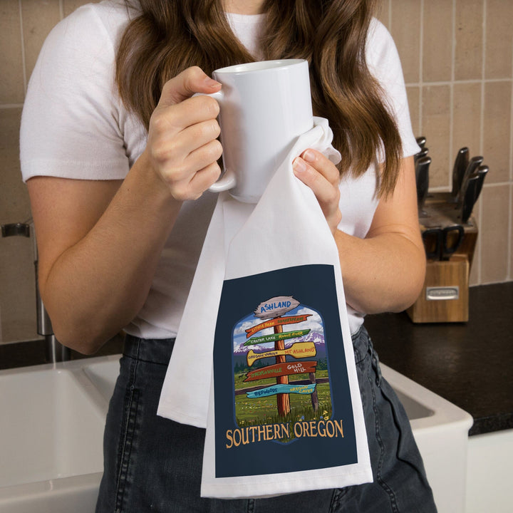 Ashland, Oregon, Destinations Sign, Contour, Organic Cotton Kitchen Tea Towels Kitchen Lantern Press 