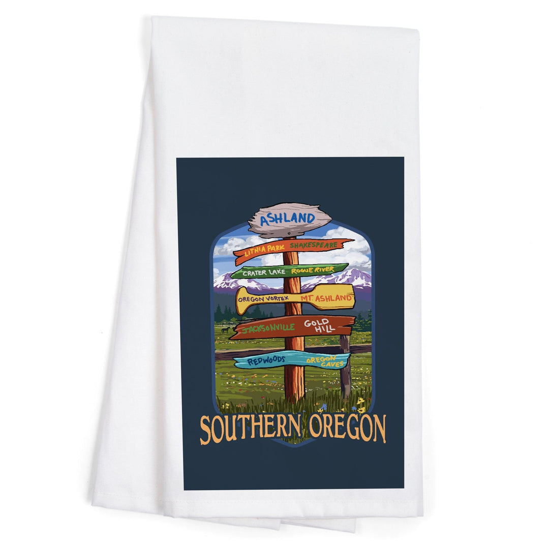 Ashland, Oregon, Destinations Sign, Contour, Organic Cotton Kitchen Tea Towels Kitchen Lantern Press 