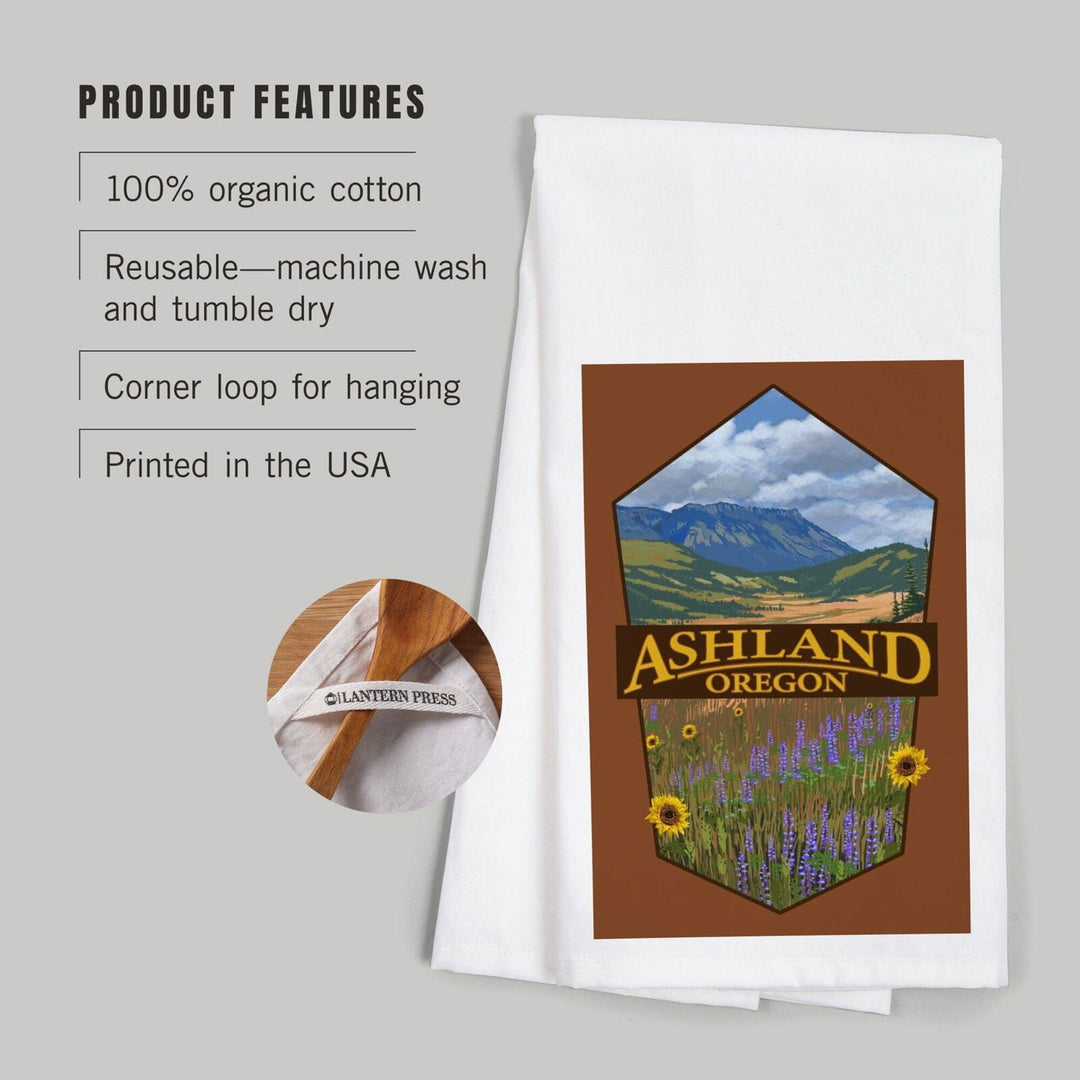 Ashland, Oregon, Field and Flowers, Contour, Organic Cotton Kitchen Tea Towels Kitchen Lantern Press 