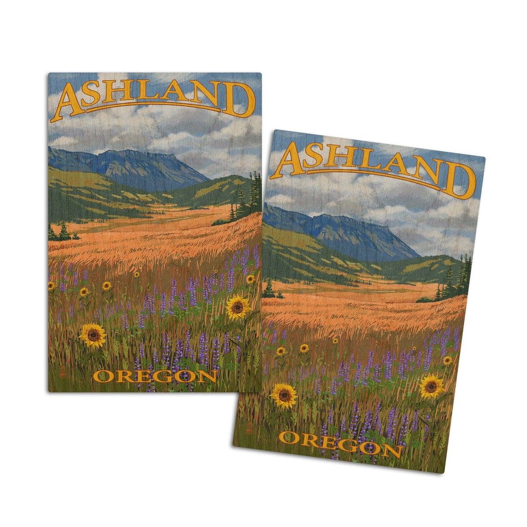 Ashland, Oregon, Field and Flowers, Lantern Press Poster, Wood Signs and Postcards Wood Lantern Press 4x6 Wood Postcard Set 