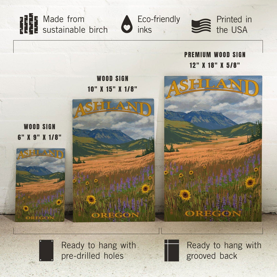 Ashland, Oregon, Field and Flowers, Lantern Press Poster, Wood Signs and Postcards Wood Lantern Press 