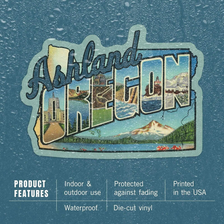 Ashland, Oregon, Large Letters Scene, Contour, Vintage Artwork, Vinyl Sticker Sticker Lantern Press 