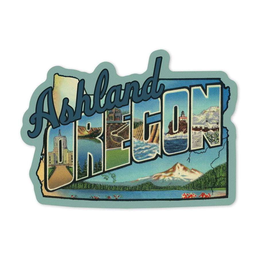 Ashland, Oregon, Large Letters Scene, Contour, Vintage Artwork, Vinyl Sticker Sticker Lantern Press 