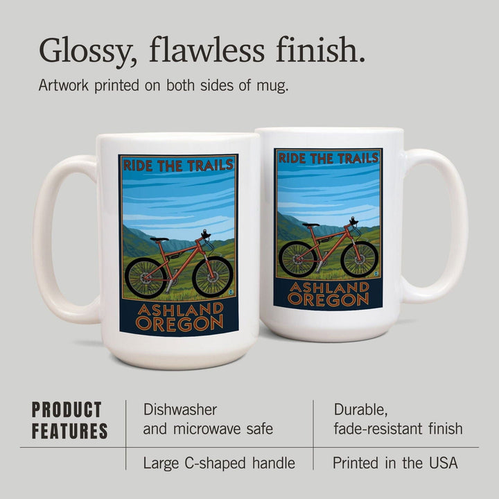 Ashland, Oregon, Mountain Bike Scene, Ride the Trails, Lantern Press Artwork, Ceramic Mug Mugs Lantern Press 
