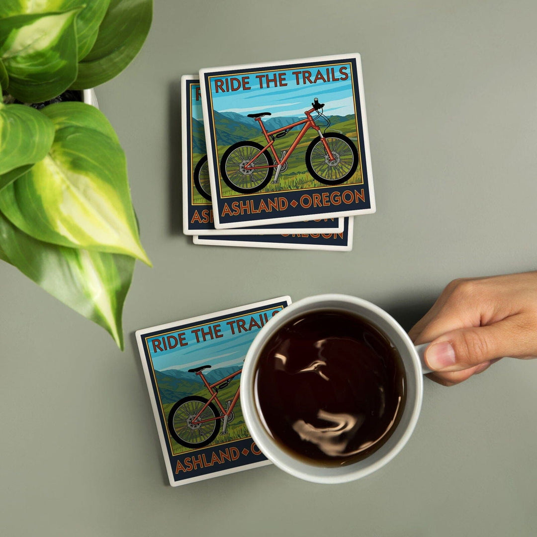 Ashland, Oregon, Mountain Bike Scene, Ride the Trails, Lantern Press Artwork, Coaster Set Coasters Lantern Press 