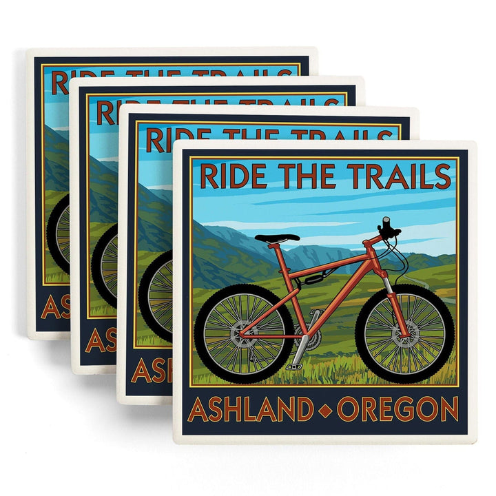 Ashland, Oregon, Mountain Bike Scene, Ride the Trails, Lantern Press Artwork, Coaster Set Coasters Lantern Press 