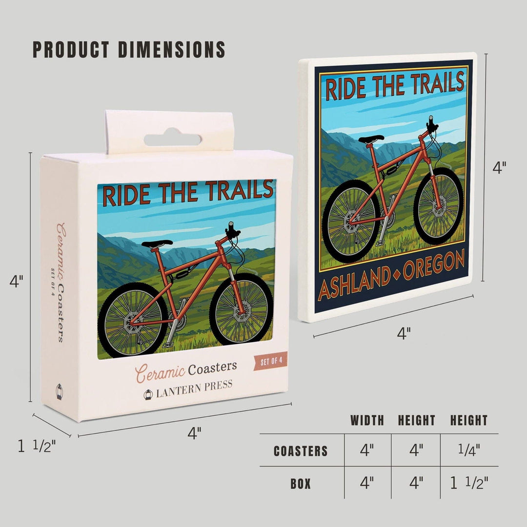 Ashland, Oregon, Mountain Bike Scene, Ride the Trails, Lantern Press Artwork, Coaster Set Coasters Lantern Press 