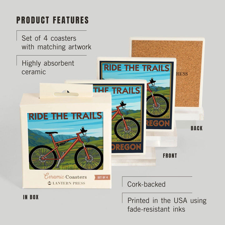 Ashland, Oregon, Mountain Bike Scene, Ride the Trails, Lantern Press Artwork, Coaster Set Coasters Lantern Press 