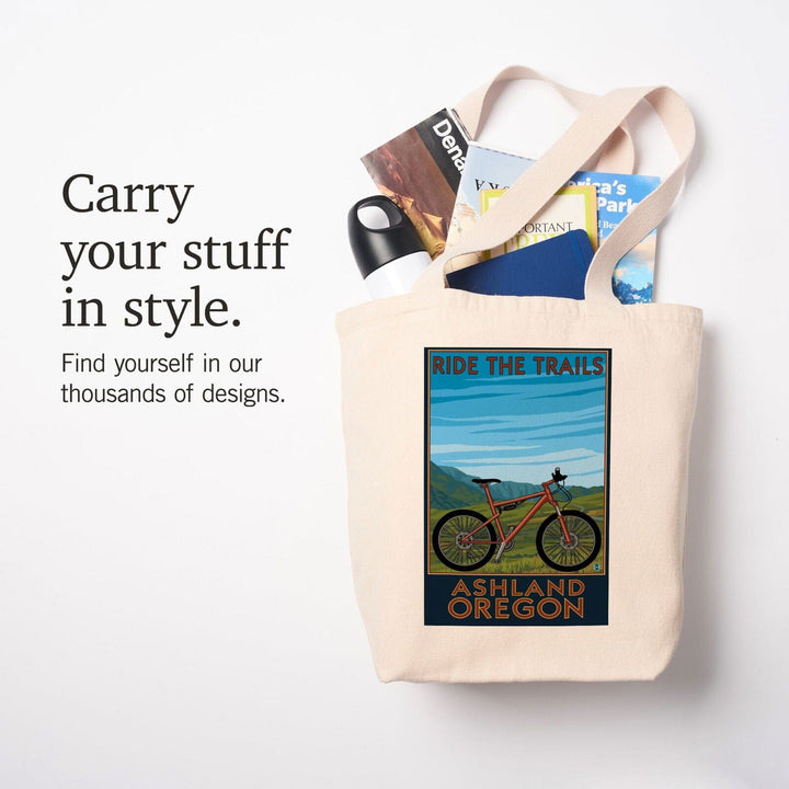 Ashland, Oregon, Mountain Bike Scene, Ride the Trails, Lantern Press Artwork, Tote Bag Totes Lantern Press 