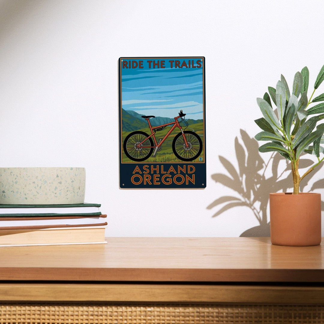 Ashland, Oregon, Mountain Bike Scene, Ride the Trails, Lantern Press Artwork, Wood Signs and Postcards Wood Lantern Press 