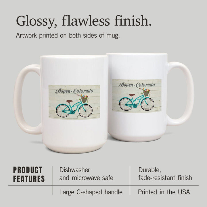 Aspen, Colorado, Beach Cruiser & Basket, The Simple Life, Lantern Press Artwork, Ceramic Mug Mugs Lantern Press 
