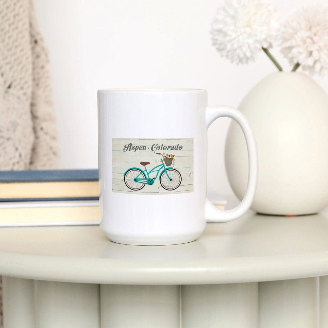 Aspen, Colorado, Beach Cruiser & Basket, The Simple Life, Lantern Press Artwork, Ceramic Mug Mugs Lantern Press 
