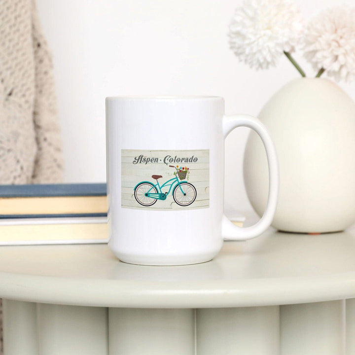 Aspen, Colorado, Beach Cruiser & Basket, The Simple Life, Lantern Press Artwork, Ceramic Mug Mugs Lantern Press 